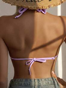 Swim Basics Top de bikini sexy de unicolor con atar al cuello para mujer - Púrpura malva - Ver 2