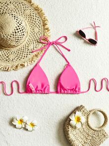 Swim Basics Top de bikini sexy de unicolor con atar al cuello para mujer - Rosa - Ver 4
