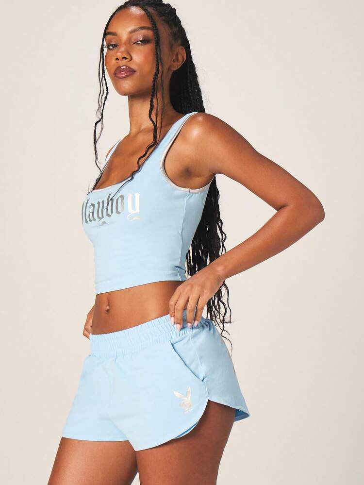 Missguided x Playboy Women's Metallic Print High Waisted Running Booty Shorts Athletic Dolphin Style Light Blue Summer Active Wear Training