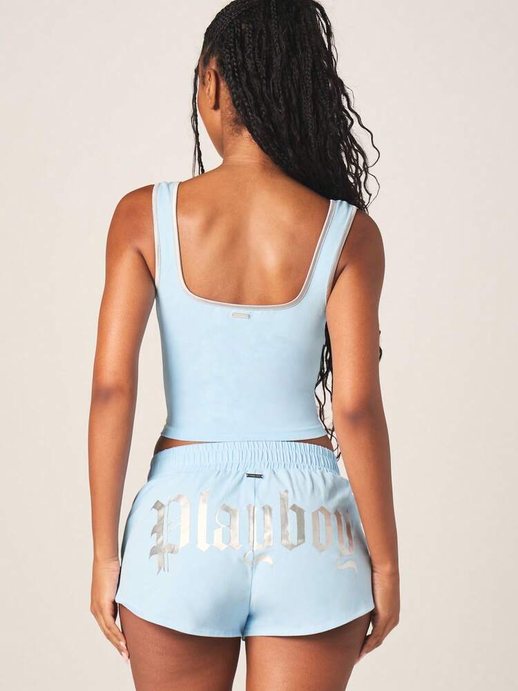 Missguided x Playboy Women's Square Neck Sleeveless Cami With Text Print Light Blue Crop Tank Top For Casual Summer Wear