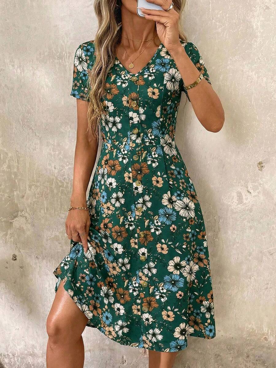 SHEIN Clasi V-Neck Button Red Polka Dot Waist Cinched Women Dress,Spring Clothes,Valentine Day Dress - Dark Green - View 1