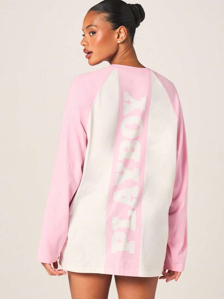 Missguided x Playboy Women's Raglan Long Sleeve Baseball Tee With Crew Neck Color Block Design Casual Cotton Blend Oversized Fit Spring Fall Everyday Wear Pink White Comfortable Relaxed Pullover Top