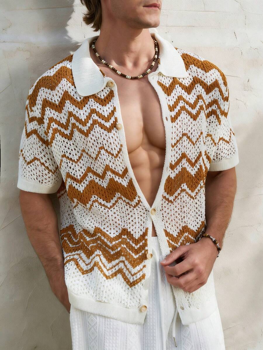 Airaco Men's Perforated Jacquard Wavy Pattern Knit Polo Shirt, Short Sleeve, Summer - Camel - View 1
