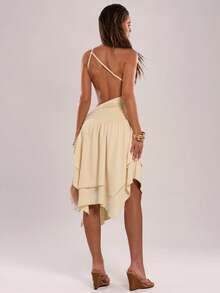 SHEIN BAE 女士纯色度假不对称露肩露背不对称下摆中长连衣裙，适合海滩度假、邮轮旅行，优雅性感纯色连衣裙，黄色连衣裙，鸡尾酒会礼服，正式舞会，派对 - 淡黃色 - 查看 2