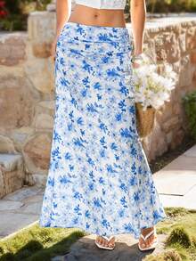 KARISMINA Women's Casual Elegant Romantic Vacation Printed A-Line Skirt, Blue Ladies' Skirt - Blue and White - View 8