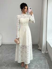 Elenzga Elegant Lace Long Sleeve Dress, Light Yellow, Suitable For All Seasons - Cream - View 1