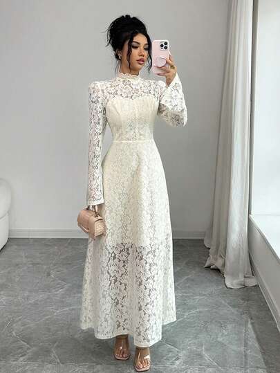 Elenzga Elegant Lace Long Sleeve Dress, Light Yellow, Suitable For All Seasons