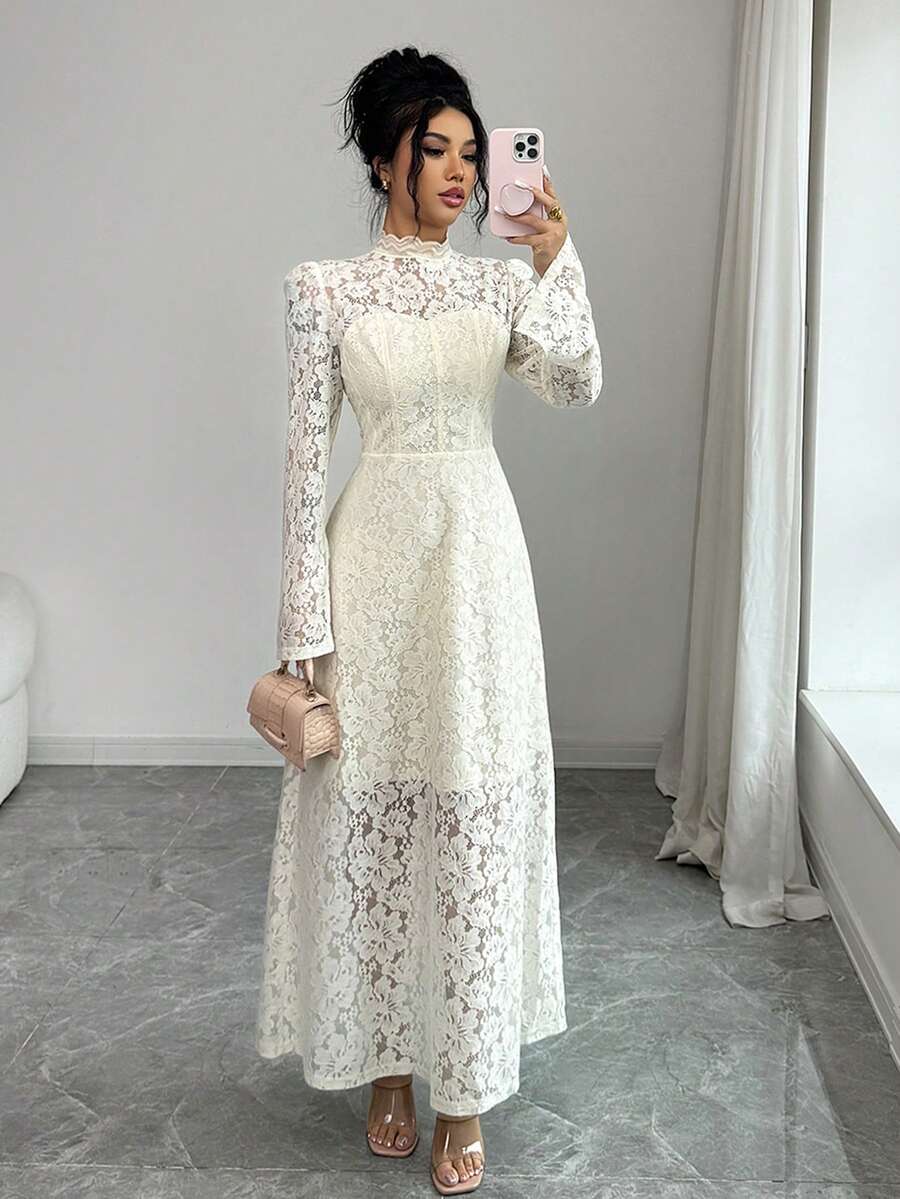 Elenzga Elegant Lace Long Sleeve Dress, Light Yellow, Suitable For All Seasons - Cream - View 1