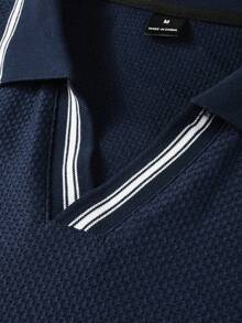 Manfinity Homme 男士短袖纹理面料 Polo 衫，适合外出、办公穿着，男士高尔夫球衫，藏蓝色 Polo 衫 - 寶藍色 - 查看 2