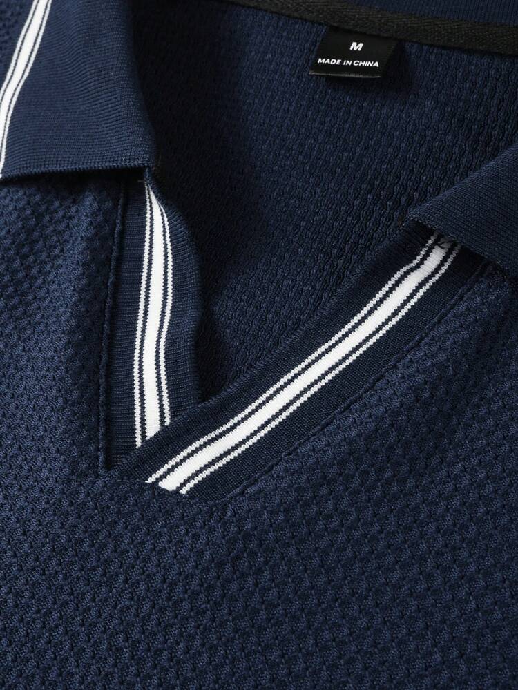 Manfinity Homme 男士短袖纹理面料 Polo 衫，适合外出、办公穿着，男士高尔夫球衫，藏蓝色 Polo 衫 - 寶藍色 - 查看 2