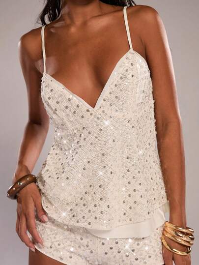 SHEIN BAE Apricot Mesh Beaded Embroidered Super Low-Waist Shorts, Suitable For Music Festivals, Rave Parties, Country Music Festivals, Concerts, Clubs, Celebrations, Beach, Vacation Tops, Casual Tops, Summer Tops, Party Tops, Holiday Tops, Lace Tops.Summer Outfit For Women. Y2K Tops,Going Out Tops For Women,Casual Top For Women,White Tops ,Sequin Top