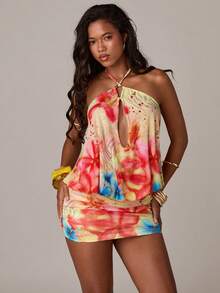 SHEIN BAE 女士休闲度假露背吊带金属装饰花卉印花紧身连衣裙，适合海滩度假、海滩派对、姐妹聚会、Y2K 风格、音乐节、沙滩装，黄色花卉连衣裙 - 黃色 - 查看 4