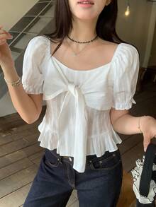 DAZY Damen Hemd mit Umlegekragen, koreanischer Stil mit Schleifenträger, frischer Sommer Kurzarm Shirt, süße Oberteile - Weiss - Übersicht 1