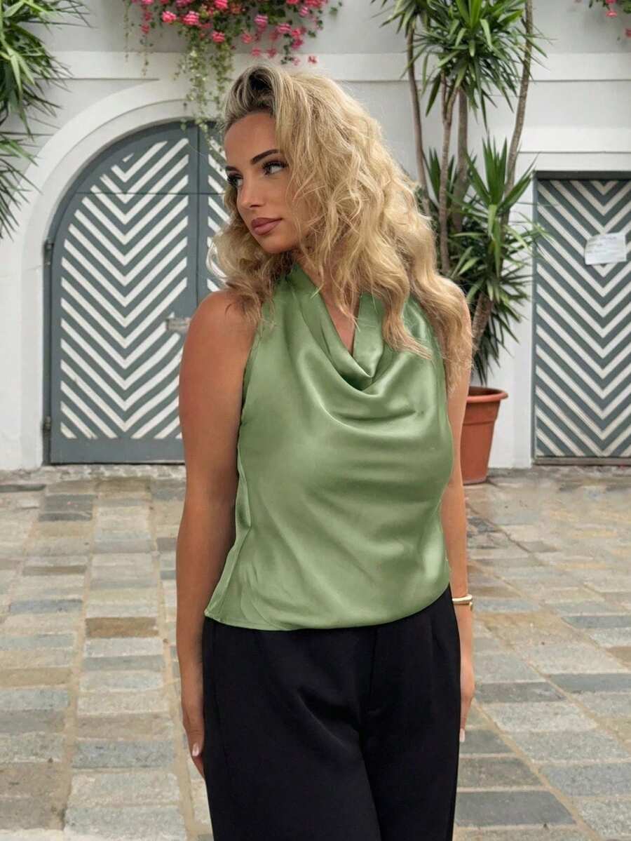 Jeta Ari Blus Wanita Elegan Sederhana dengan Kerah Drape dan Tali Leher Warna Aprikot, Atasan untuk Pesta. - Mint Green - View 1