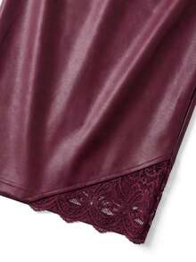 Ellevyn Women's PU Leather & Contrast Lace Sexy Fashionable Mini Skirt, Red - Burgundy - View 5