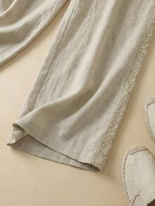 Rusticease Women's Casual Beach Vacation Style Drawstring Waist Contrast Lace Loose Wide Leg Pants - Khaki - View 6