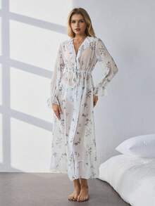 SHEIN 女士碎花荷叶边下摆休闲家居服睡袍 - 白色 - 查看 3
