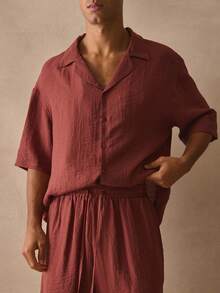 Musero Sold As One Cropped Boxy Short Sleeve Button Up And Shorts Set Spring Summer Essentials - Burgundy - View 2
