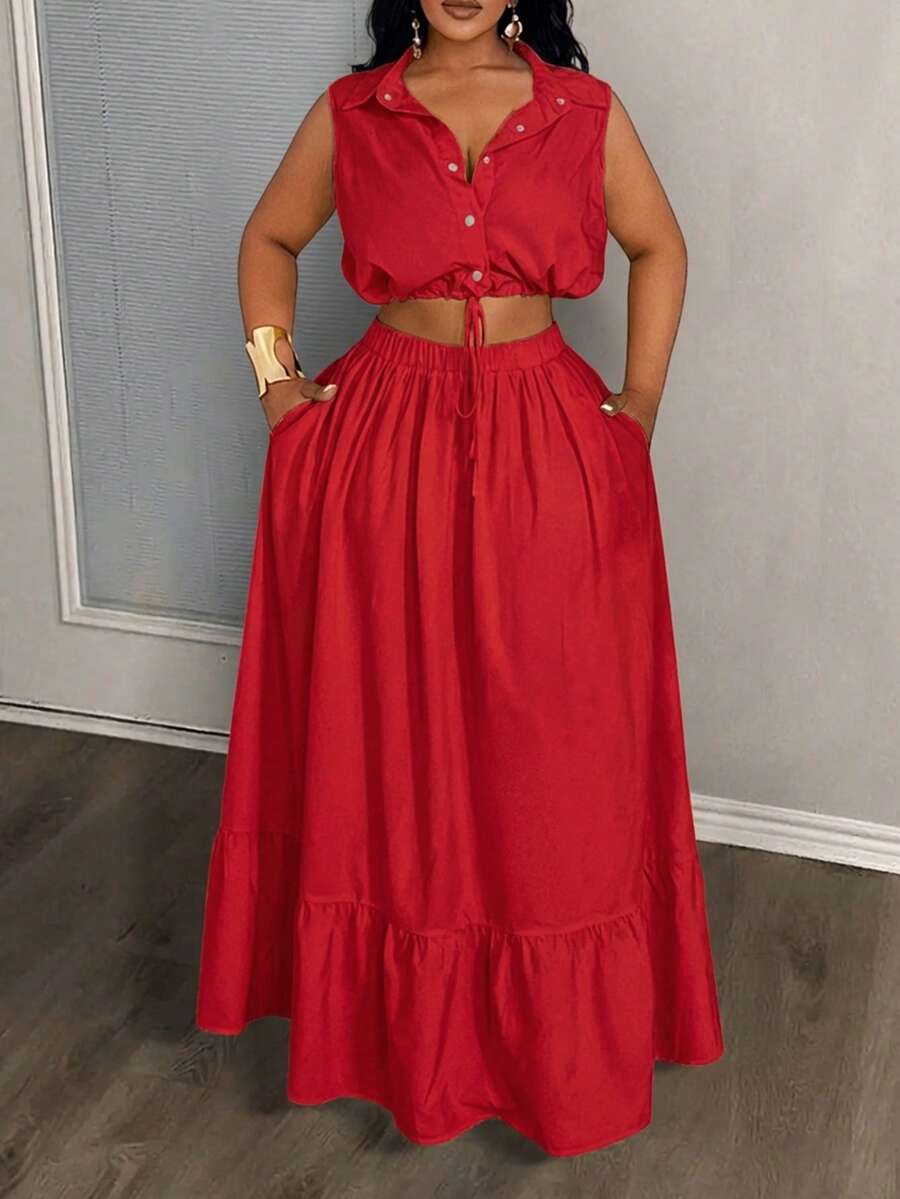 Slaydiva 2025 New Plus Size Women 2-Piece Set: Cropped Tank Top & A-Line Skirt, Commuter Outfit, Summer Outfits Red Two Pieces Women's Two Pieces Set Long Skirt Set Skirt And Top Set Red Casual Outfit