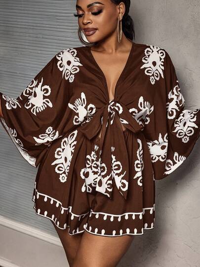 Slaydiva Büyük Beden Tatil İçin Rahat V Yaka Bağlamalı Bol Kesim Baskılı Kadın Tulum Şort