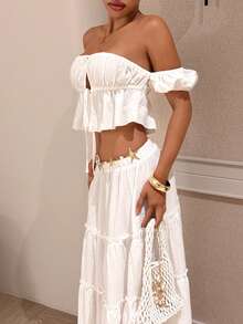 Slaydiva 春夏度假海滩法式甜美可爱约会套装 - 露肩荷叶边上衣和系腰荷叶边长裙 - 白色女士度假套装 - A - 白色 - 查看 7