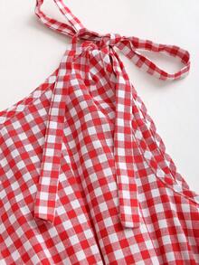 Sweetra Women's Spring/Summer New Sexy Sassy School Style Tie-Shoulder Cinched Waist Double Ruffle Hem Red Plaid Dress, Suitable For Casual, Commute, Outing, Beach Holiday - Red - View 4