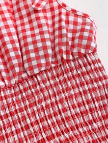 Sweetra Women's Spring/Summer New Sexy Sassy School Style Tie-Shoulder Cinched Waist Double Ruffle Hem Red Plaid Dress, Suitable For Casual, Commute, Outing, Beach Holiday - Red - View 5