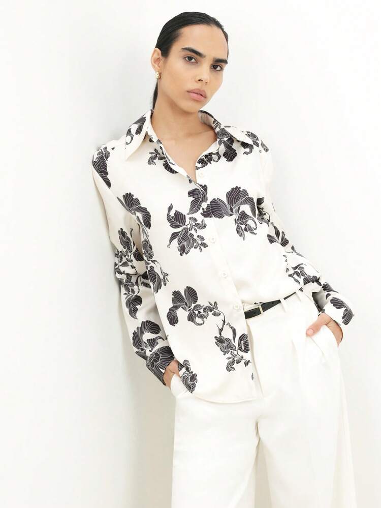 KSTM 여성 오버사이즈 플로럴 프린트 버튼 다운 셔츠 긴팔 칼라 블라우스 봄 여름 캐주얼 오피스 워크웨어 상의