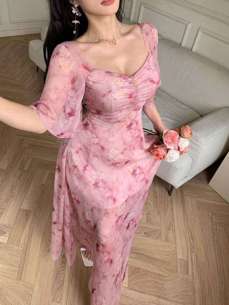 Fashionable Design Flare Sleeve Waist Cinched Long Dress For Women Summer Sun Dresses For Women