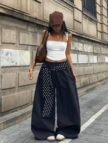 Coolane Polka Dot Print Twist Elastic Waist Casual Wide Leg Woven Women Pants - Black - View 3