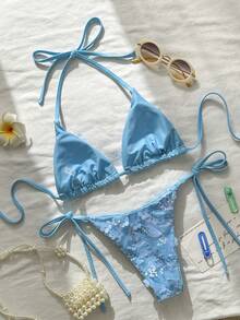 Costavie Bộ bikini hai mảnh Swim MOD họa tiết hoa đính sequin, màu xanh dương, thích hợp cho kỳ nghỉ xuân/hè ở bãi biển. Bộ bikini kiểu Brazil, bộ bikini phong cách Boho, bộ bikini móc len, bộ bikini buộc dây, bộ đồ hai mảnh cho nữ, đồ bơi, bộ trang phục đi nghỉ mát cho nữ, bộ bikini nữ, bộ đồ bơi nữ, bộ đồ hai mảnh mùa hè cho nữ. - Màu xanh lam - Xem 2