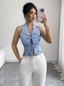 Elenzga Women's Bow Tie Striped & Printed Design Large Scarf Collar Sleeveless Front Bow Tie Fastening Placket Elegant Blouse - Multicolor - View 4