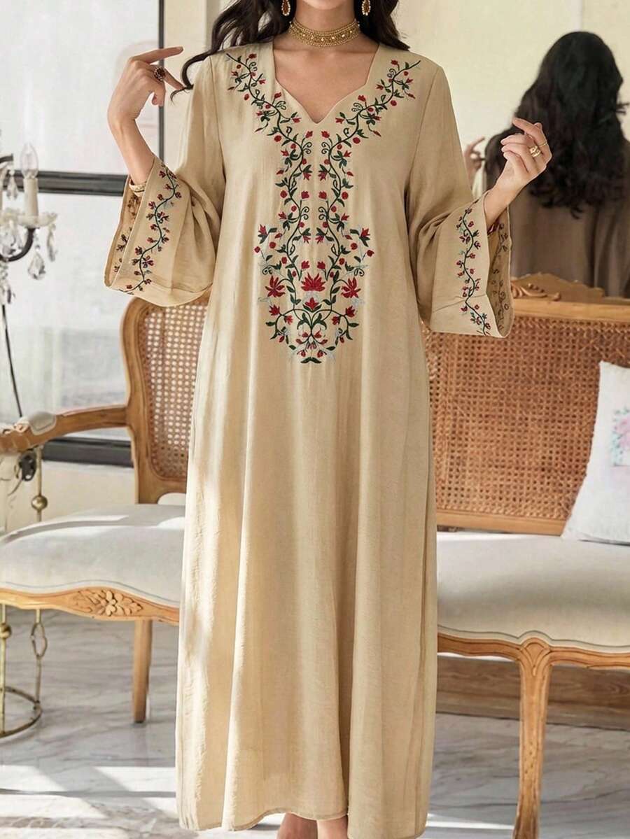 Yasmyna فستان أنيق بأكمام واسعة مطرز بالزهور على الطراز العربي للنساء - أصفر - مشاهدة 1