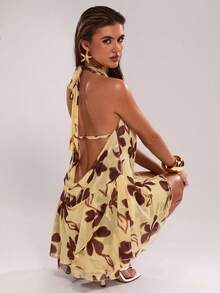 SHEIN BAE 女士性感印花深V露背迷你连衣裙，夏季 - 黃色 - 查看 5