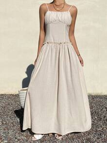 Livesso 度假风吊带荷叶边中长连衣裙 - 杏色 - 查看 5