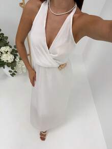 Aloruh Women's Metal Flower Decor Halter Dress Vacation White Summer Elegant,Wedding Guest Clothes - White - View 3