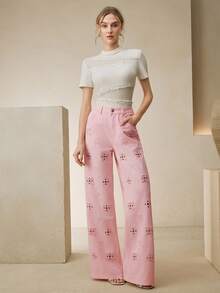 Anewsta 新款时尚镂空刺绣女士粉色直筒牛仔裤 - 粉色 - 查看 2