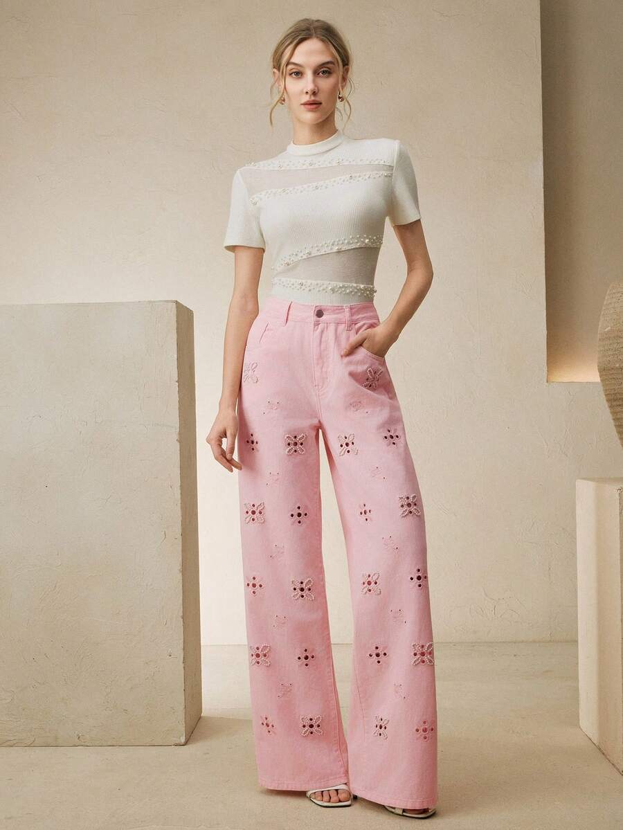 Anewsta 新款时尚镂空刺绣女士粉色直筒牛仔裤 - 粉色 - 查看 1