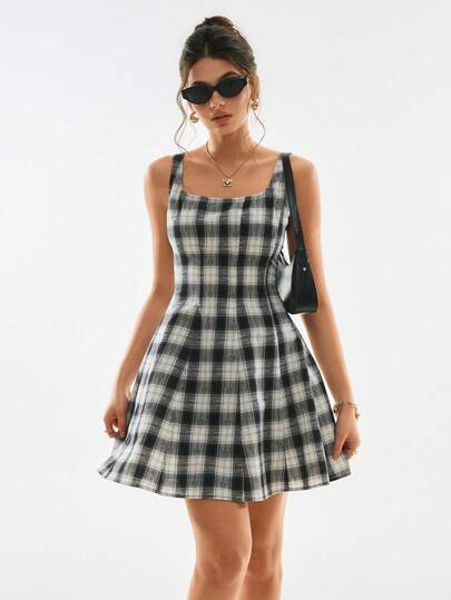 Poéselle 女士黑白格子褶皱连衣裙，春夏款