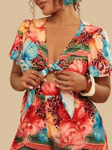 Travachic Plus Size Women Casual Vacation Beach Waist Pleated Tropical Floral Print Romper Shorts Women's Summer Co Ord Women's Summer 2 Pieces Sets Women's Summer Outfits Women's Floral Two Pieces Women's Beach Outfits - Multicolor - View 4
