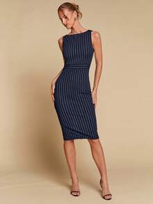 COSMINA Women's Elegant Striped Cinched Waist Mid-Length Dress, Versatile For Office, Commute And Everyday Wear, All Season - Navy Blue - View 3