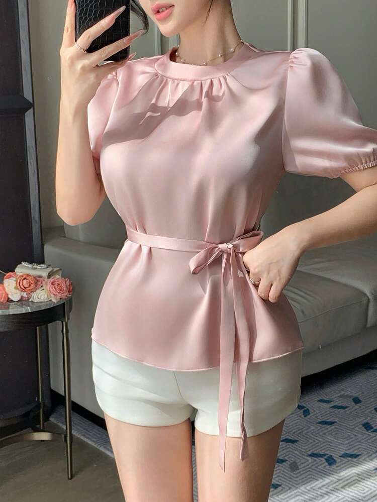 Women's Pink Tie-Up Short Sleeve Shirt
