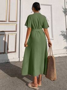 EURMUSE Ruffle Sleeve Crew-Neck Buttoned Maxi Dress With Shell Belt - Army Green - View 3