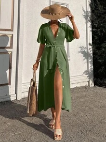 EURMUSE Ruffle Sleeve Crew-Neck Buttoned Maxi Dress With Shell Belt - Army Green - View 5