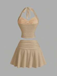 SHEIN MOD 度假系带V领花卉金属扣针织修身两件套女装，夏季服装，返校季服装，教师服装，西式女装，度假女装，假日女装，休闲套装，沙滩套装，沙滩女装，派对服装，海岛装 - 卡其色 - 查看 2