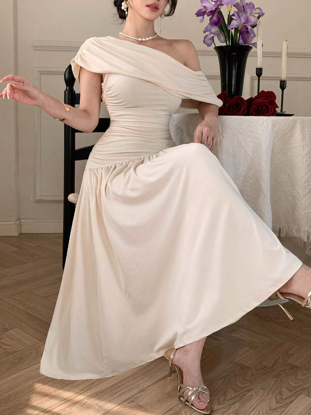 ruched midi wedding guest dress Wedtrend Women Lilac Floral Wedding Guest Dress Off the Shoulder Ruched A Line Midi Dress, Lilac / US6