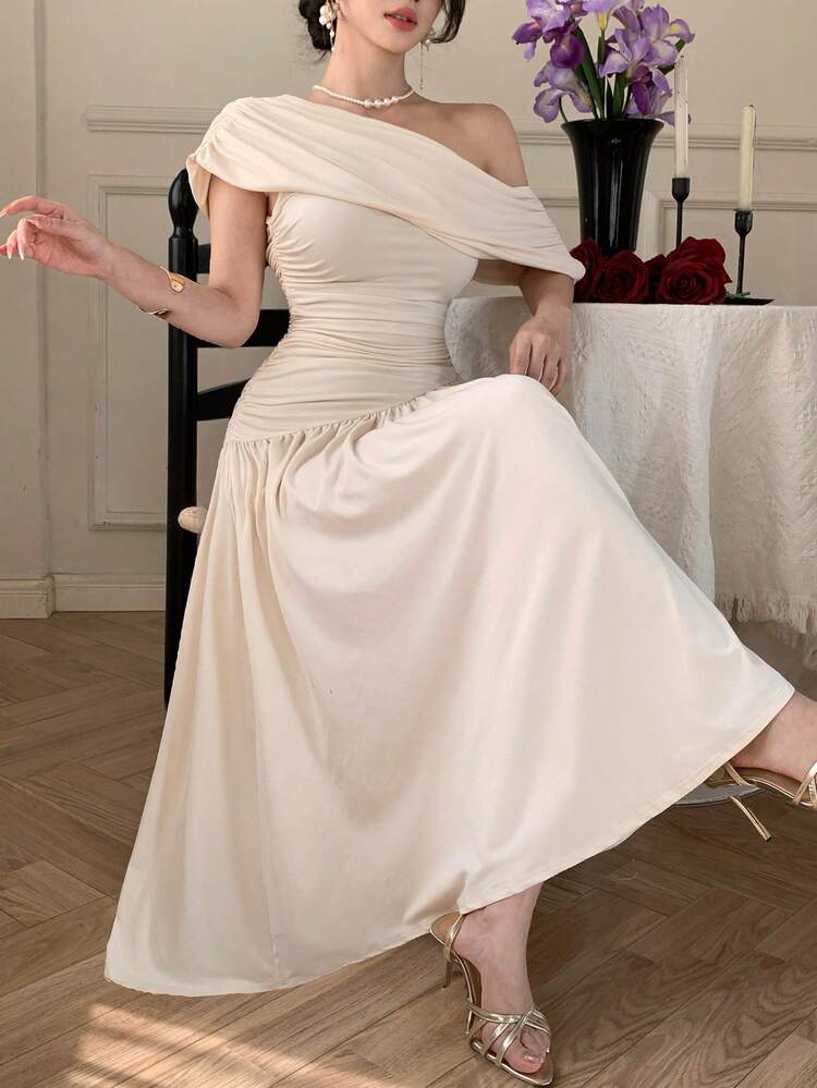 Women's Elegant Solid Color Asymmetric Ruched Midi Dress With Asymmetric Neck Neckline, Summer,Wedding Guest Dress Women Sundress