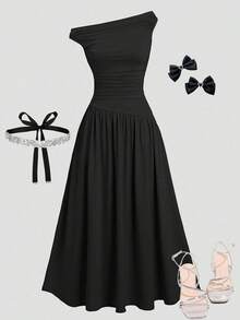 Girlism Vestido negro de punto con cintura fruncida en línea A para niñas preadolescentes, vestido negro elegante, versátil y sencillo - Negro - Ver 1