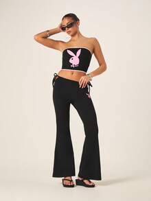 Missguided x Playboy Bandeau Crop Top With Pink Bunny Logo Print Strapless Tube Style Summer Festival - Black - View 3