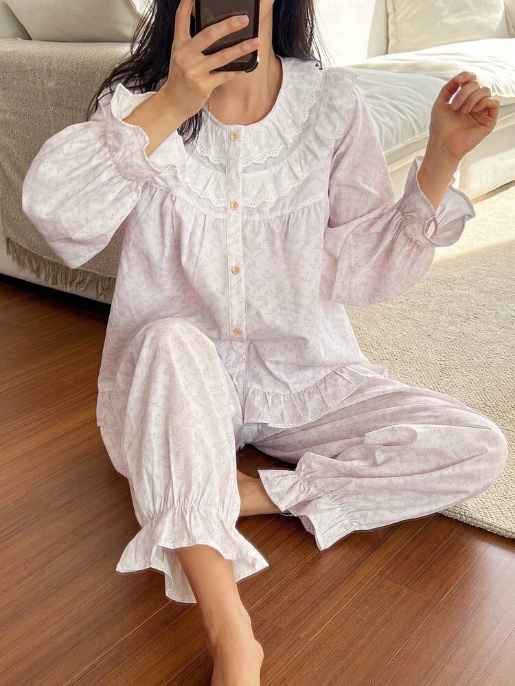 Sweet Contrast Color Lace Trim & Ruffle Hem Loose Women Pajama Set
